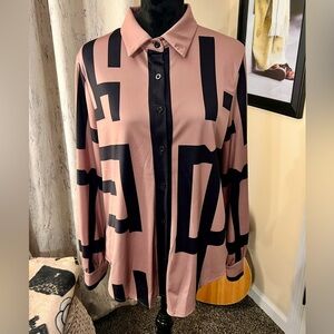 Tan and Black Graphic Button-Up Shirt